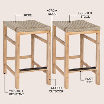 Armand 25.6" Modern Coastal Backless Acacia Wood Outdoor Counter Stool with Woven Rope Seat